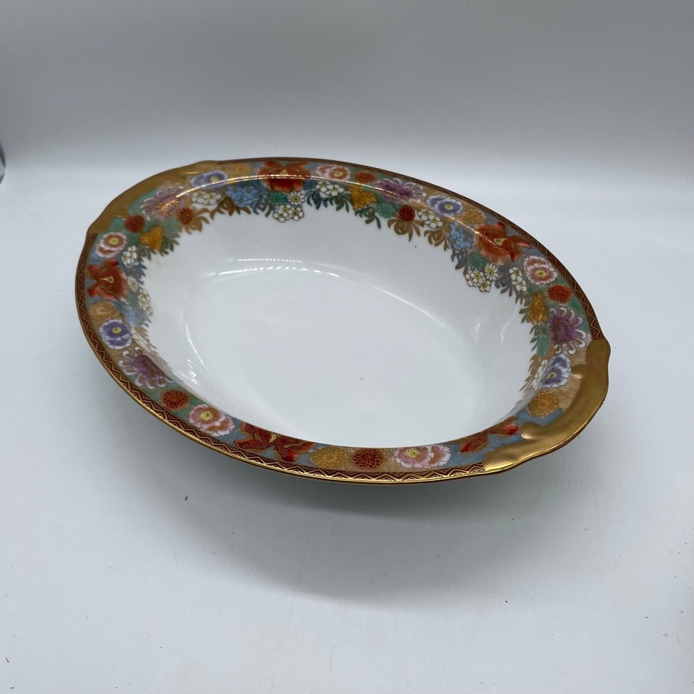 Japanese Porcelain Oval Serving Bowl 10.75" Floral Gilt Rim Hand Painted Flowers